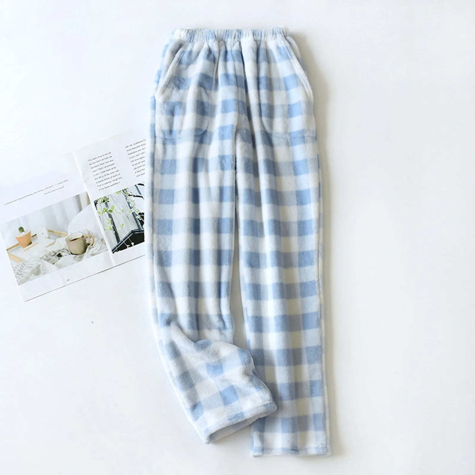 Simple Casual Blue Thicken Fleece Pajama Pants Autumn Winter New Soft and Comfortable Flannel Fleece Pajama Pants With Pockets