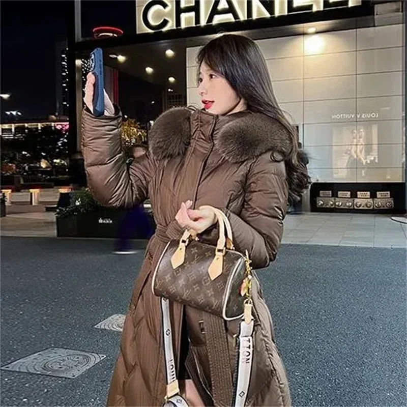 Fur Collar Hooded Long Slim Lace-up Down Jacket for Women's Winter Loose and Thick Warm Jacket Fashion Female Clothes