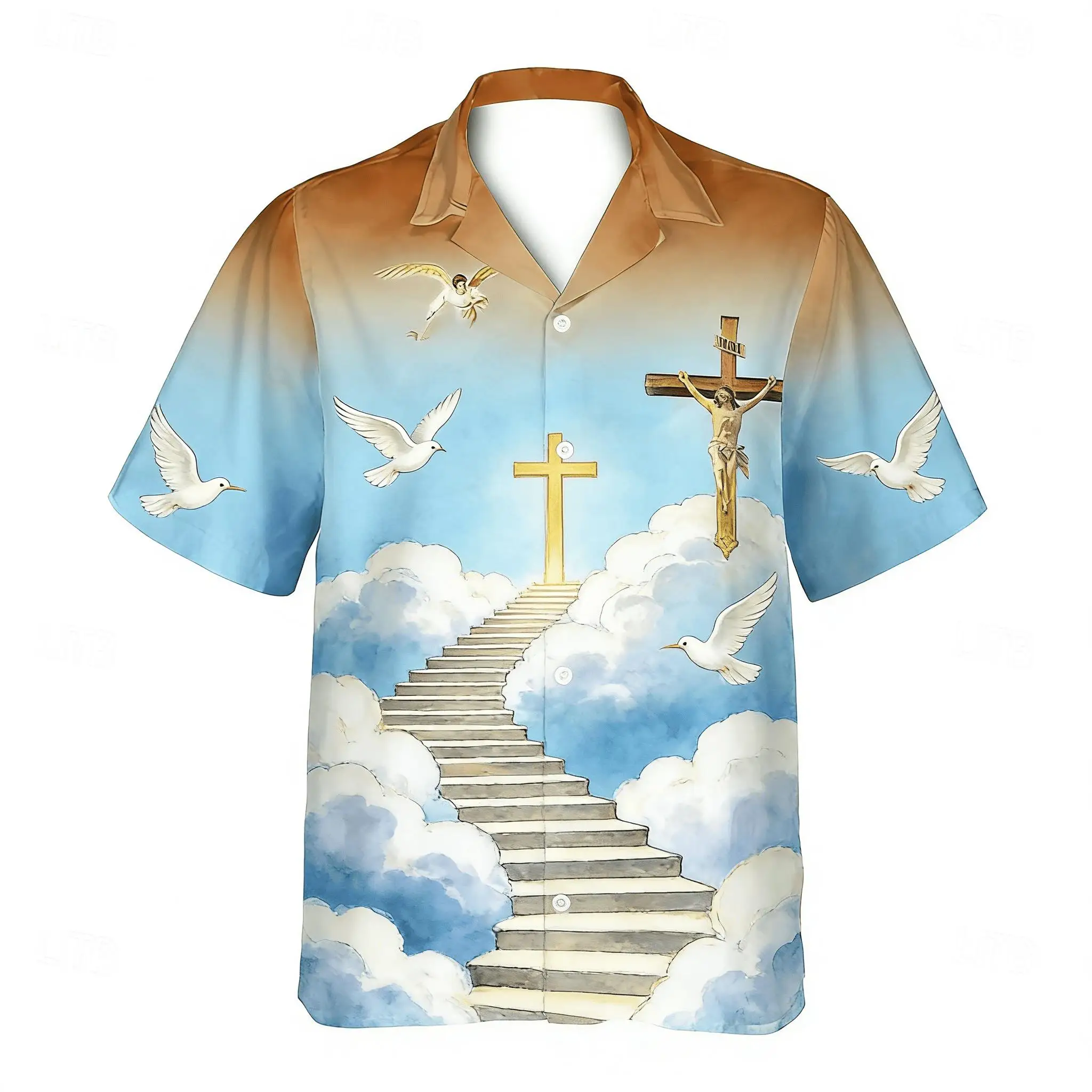 

Men's Christian Heaven Stairway Print Short Sleeve Shirt, Cross & Dove Religious Design Button Down for Spring Summer Casual