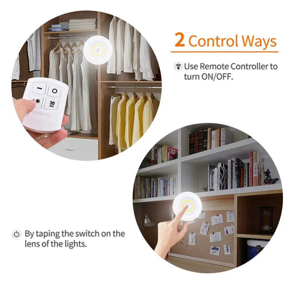 LED Light Wireless Remote Control Night Light 3W Super Bright COB Under Cabinet Light Dimmable Wardrobe Lamp Home Bedroom Closet