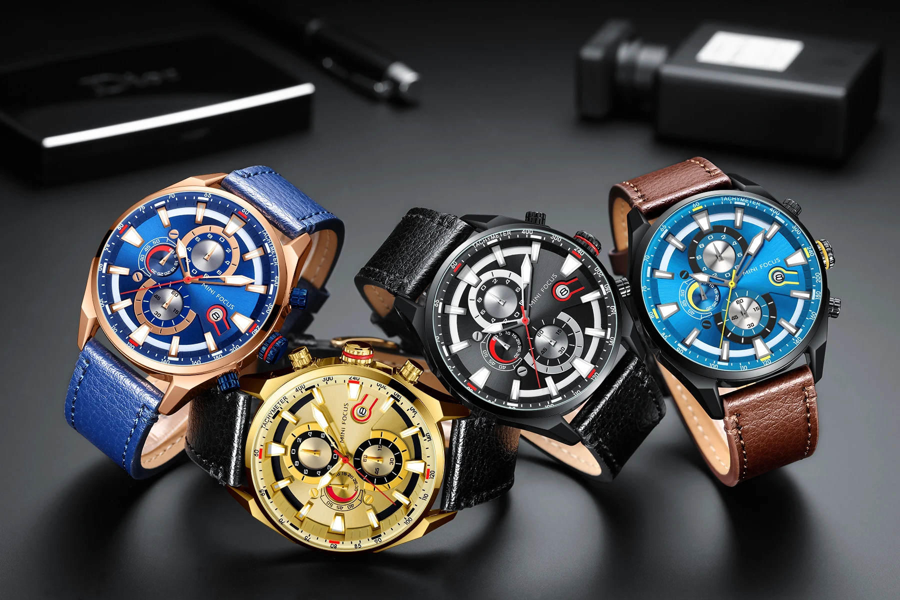 New Launch Mini Focus MF0202G Stylish Trendy Men Quartz Watches Leather Strap Chronograph Tachymeter Waterproof Watch