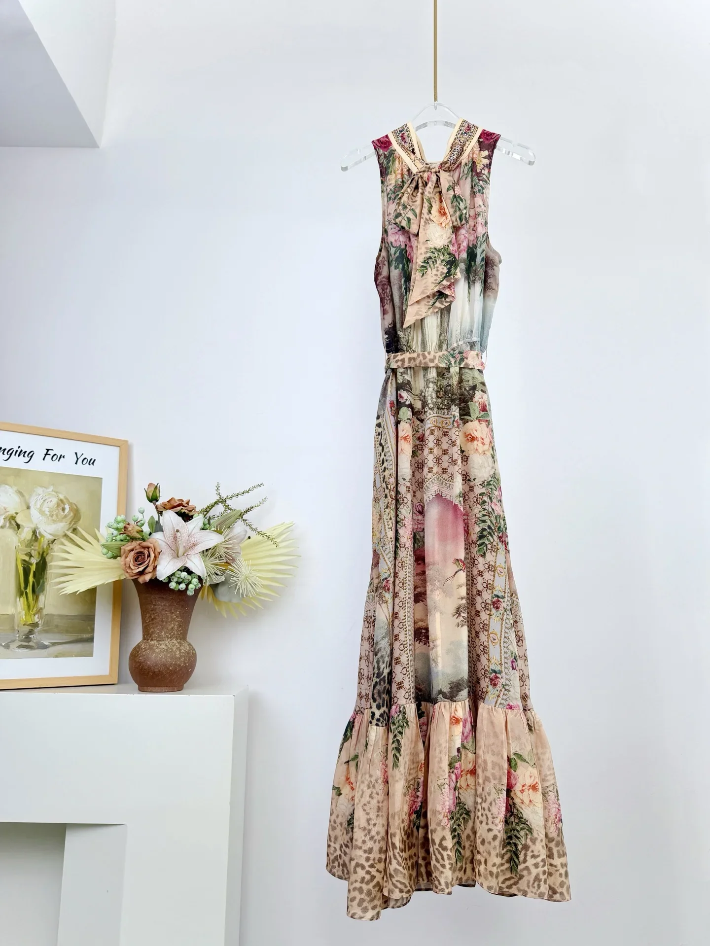 Retro Floral Print Frauen Maxi Kleid Kristall Perlen Band Stehkragen Ärmellose Spitze-up Taille Elegante Damen 100% seide Robe