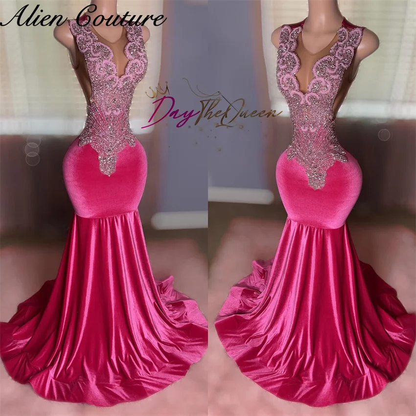 Luxury Fuchsia Velour Mermaid Prom Dress Beading Crystal Elegant Senior Party Birthday Dress 2024 Evening Gown Robe Customized 