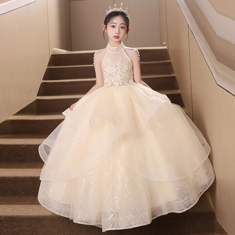 Formal Pink Bridemaid Dresses For Girls Evening Elegant Sequin Tulle Flower Princess Wedding Party Dress Birthday Prom Costume