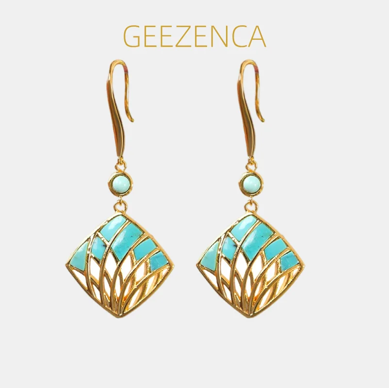 GEEZENCA 925 Sterling Silver 18K Gold Turquoise Hollow Diamond Shape Earrings For Women Geometric Luxury Dangle Earring New Gift