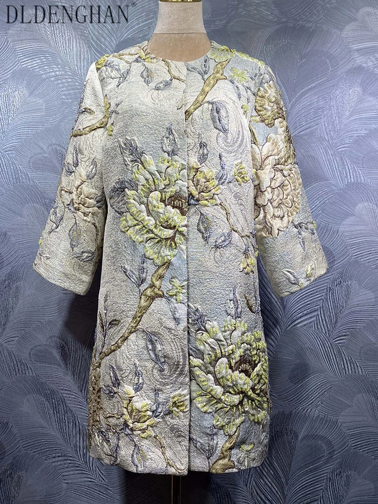 DLDENGHAN Beading Hibiscus Jacquard Coats For Women O-Neck 3/4 Sleeves Pockets Covered Button Vintage Outerwear Autumn Female