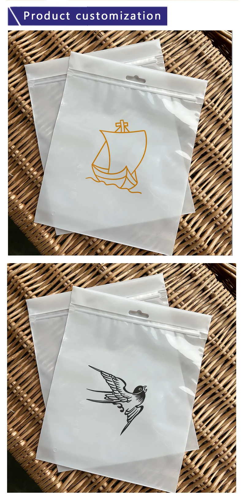 50 Stück Babykleidungs-Verpackungsbeutel, Handtuch- und Deckenverpackungsbeutel mit Reißverschluss, dick, transparent, anpassbar mit bedrucktem Logo – Detail 4