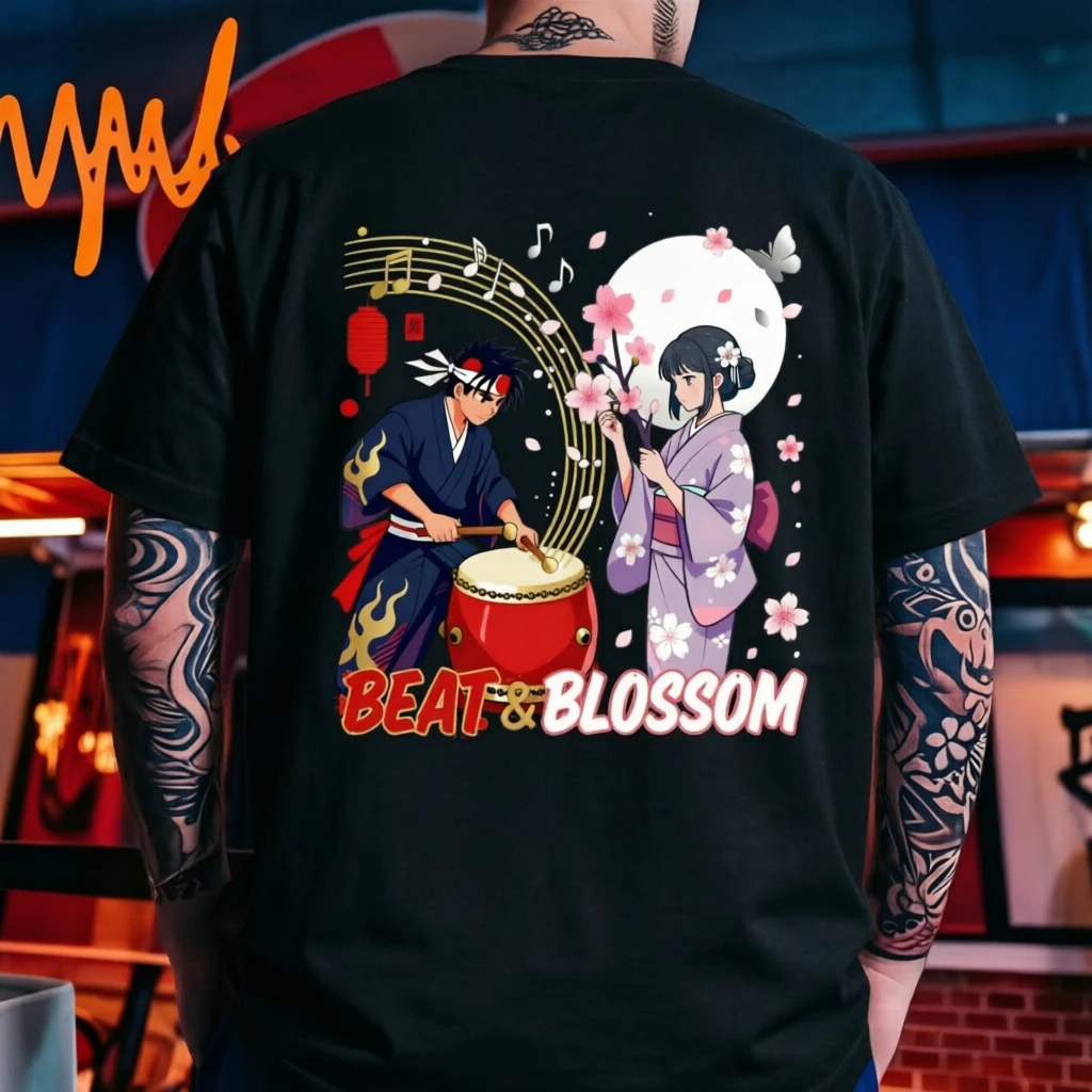 Camiseta con estampado de Sakura Couple Beat Blossom para hombre y mujer, ropa informal estilo Harajuku, camisetas de manga corta de algodón con diseño de tambor Taiko japonés