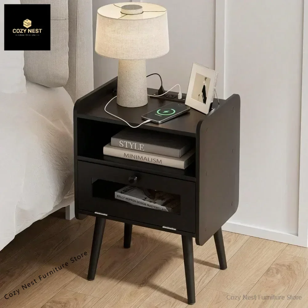 Nightstand with Charging Station,Mid-Century Modern Bedside Table with Storage Drawer and Open Wood Shelf
