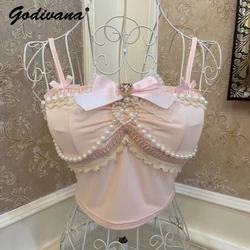 Lolita Princess Bowknot Love Pearl Chain Camisole Spring Summer Girl Women's Embroidered Lace Umbilical Vest Top Short Strap