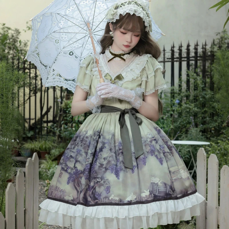 لوليتا نمط Op فستان المرأة عطلة خمر مقوس دانتيل الأرنب العنب طباعة فساتين الأميرة الفتيات تأثيري مساء فستان حفلة حلوة