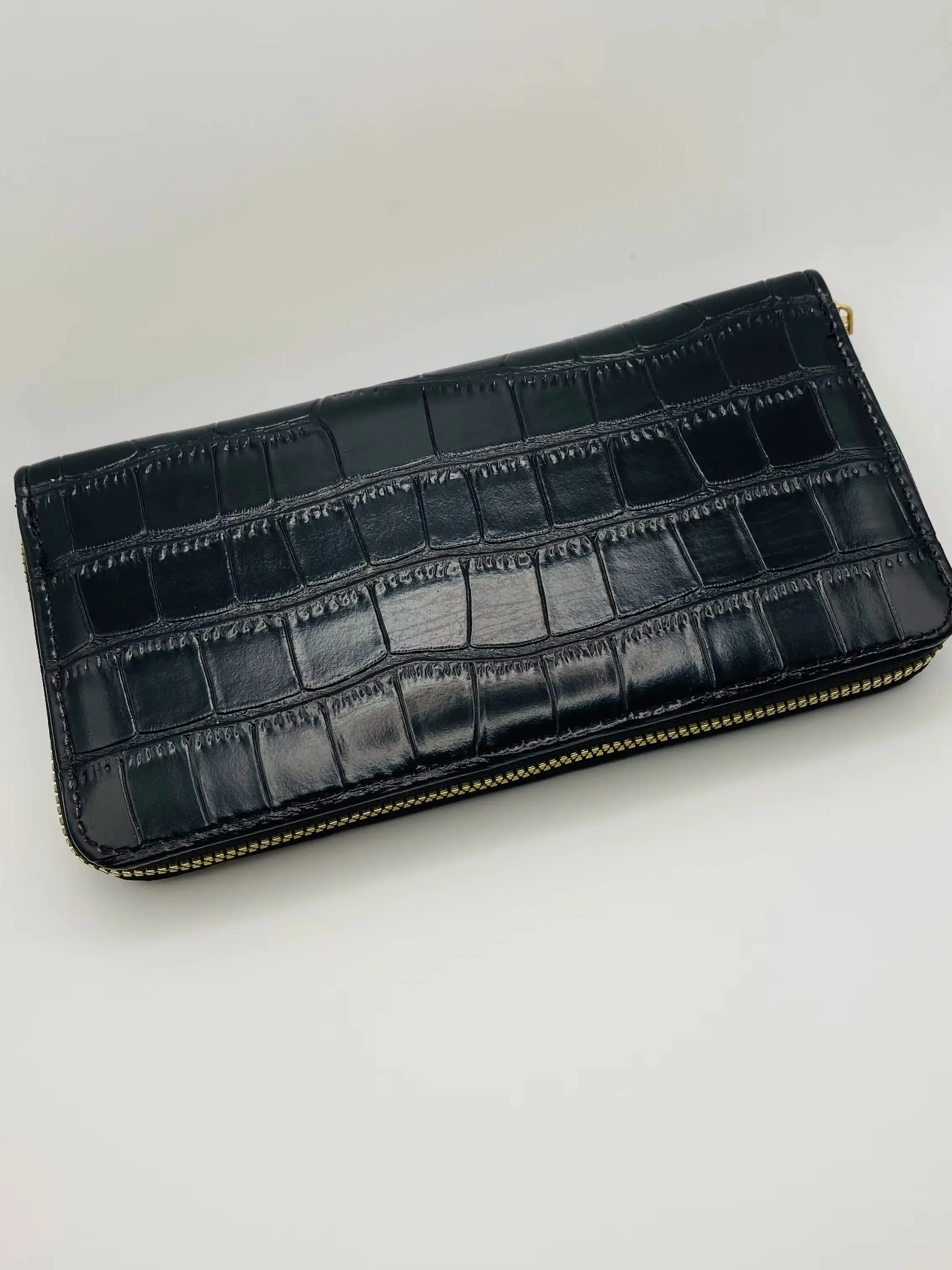 New Cross-Border Crocodile Pattern Pu Handmade Rhinestone Women's Long Wallet, Black Luxury Rotating Coin Purse, High-End Feel with Handle, Zipper, Multiple Card Slots, Coin and Phone Pouch, 19cm Large Capacity Evening Party Bag