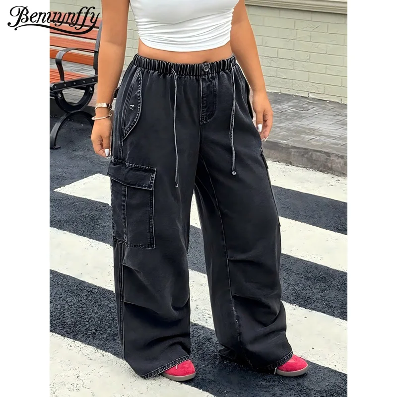

Benuynffy Plus Size Drawstring Elastic Waist Baggy Cargo Pants Women Streetwear Multi-pocket Y2k Harajuku Hip Hop Wide Leg Jeans