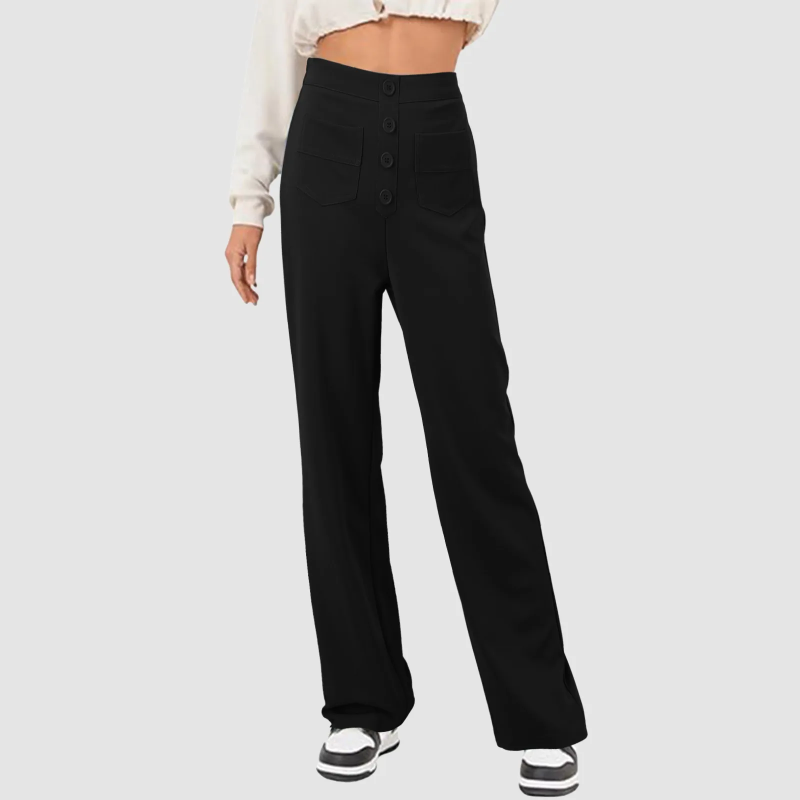 

Women Fashionable Pants With High Waist Pockets And Button Up Casual Straight Leg Pants Romper Pants for Women Casual