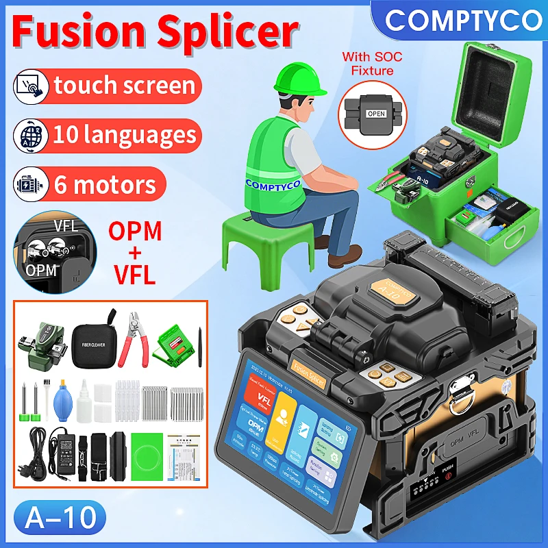 A-10 Six Motors Fully Automatic Fiber Fusion Splicer 10 Languages Touch Screen Fiber Optic Hot Melt Machine Built-in VFL OPM