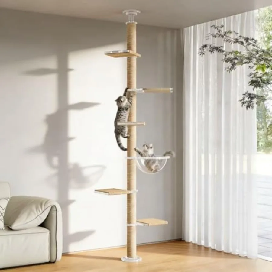 

Floor to Ceiling Cat Tree with Acrylic Top Support Plate Natural Sisal Rope Scratching Post Adjustable Height 55-103 Inches Mul