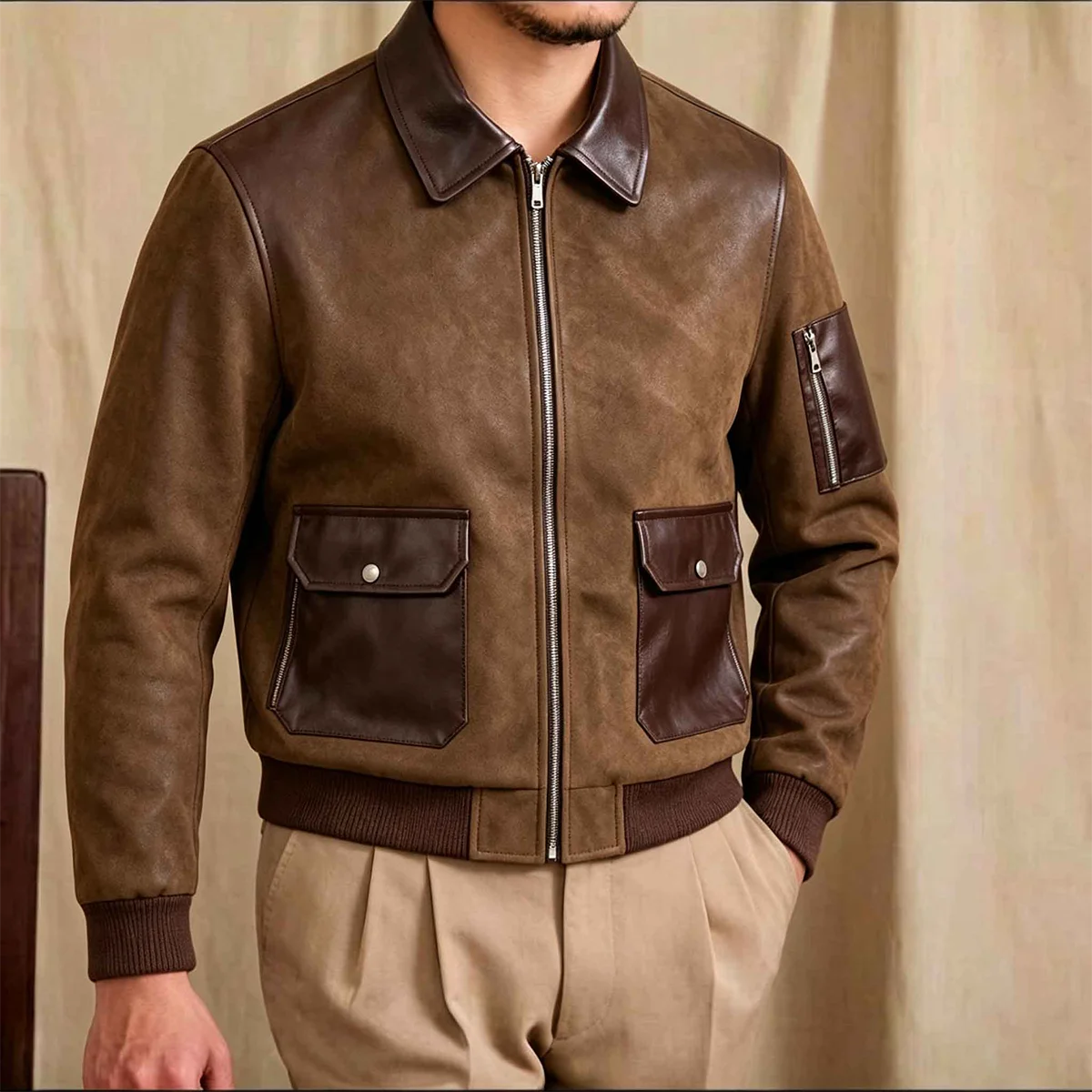 Men Suede Leather Patchwork Rib Collar Bomber Jacket Full Zip Snap Pocket Retro Casual Coat