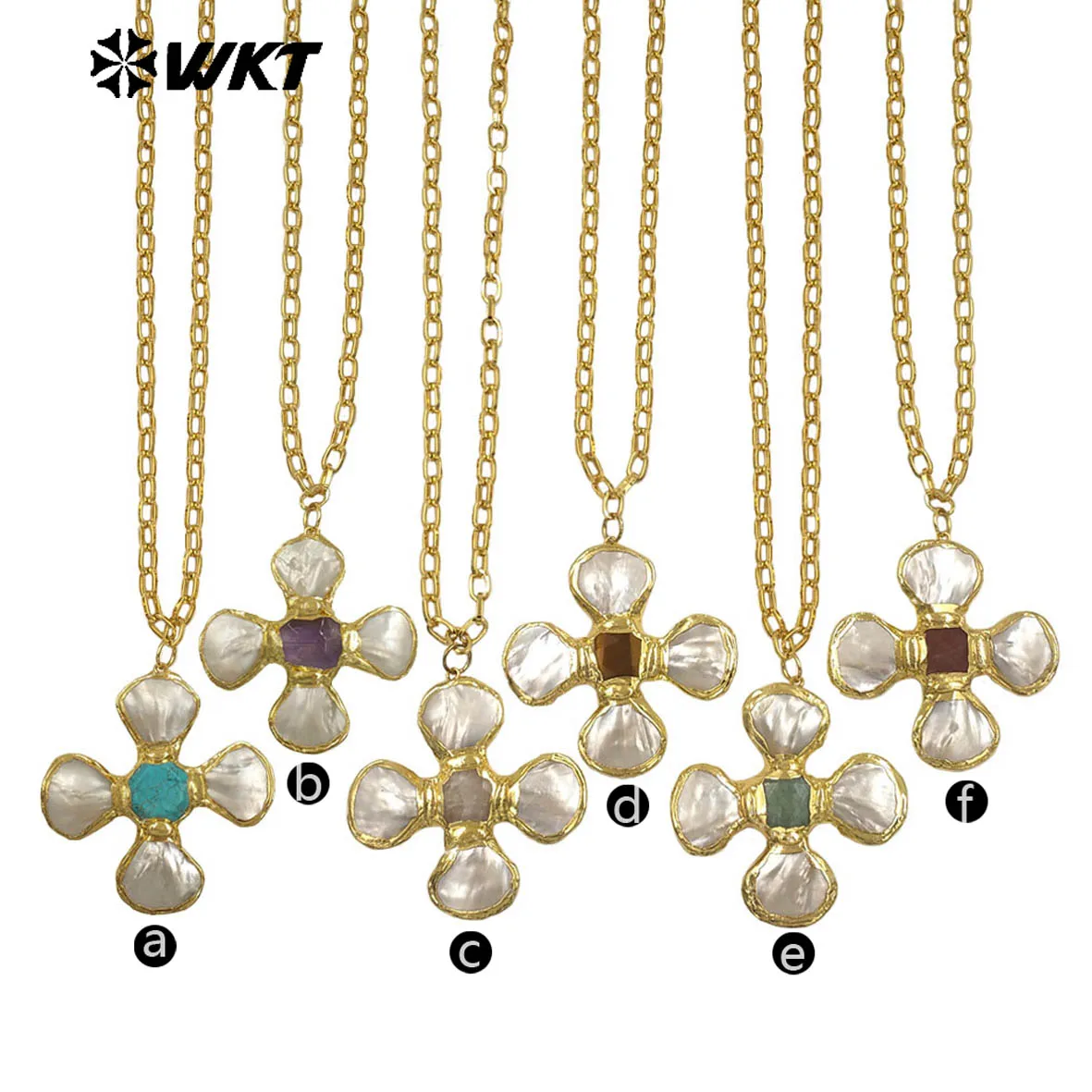 

WT-JN346 WKT Hotsale Cross Shape Design Pendant Amethyst&Turquoise Stone Shell Pendant Chain Necklace Vintage Jewelry