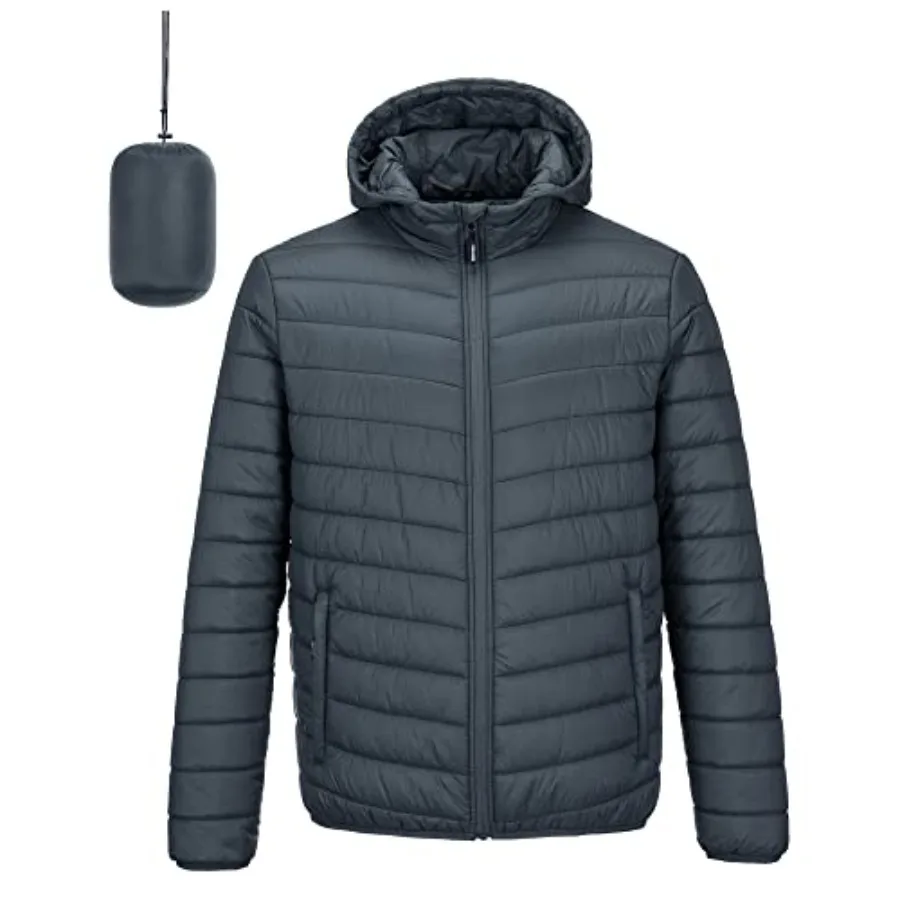 

Outdoor Ventures Men's Lightweight Packable Hooded Puffer Jacket Insulated Winter Coat for Snow Ski Traveling