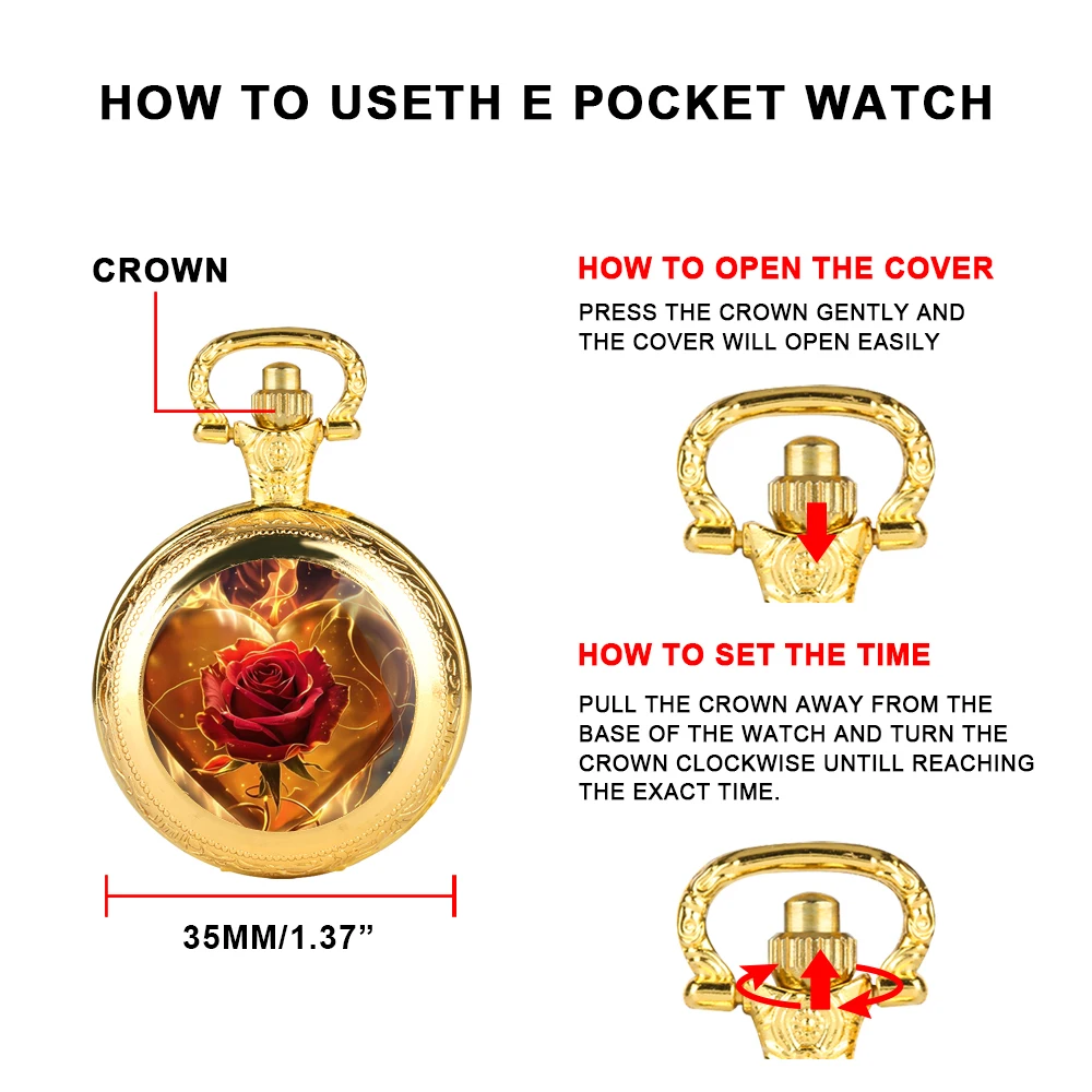 Exquisite Golden Heart Rose Vintage Quartz Pocket Watch Women Men Necklace Unique Pendant Clock Watch Gift Accessories