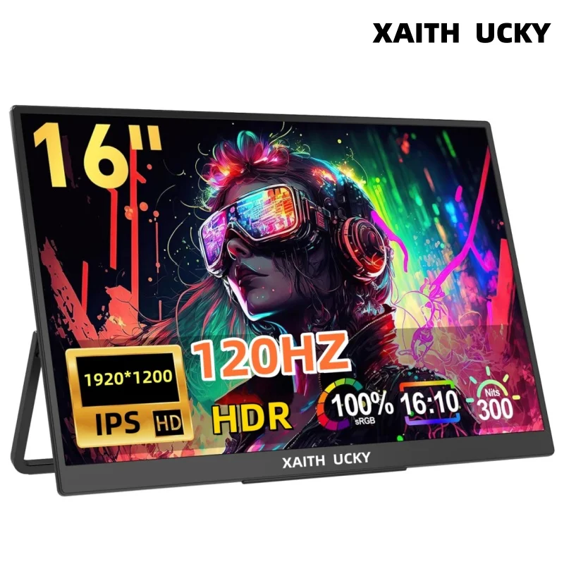 XAITH UCKY 16 Inch Portable Monitor 1200P HDR 120Hz 100% sRGB Travel Monitor with Speakers, HDMI USB-C Second Screen for Laptop