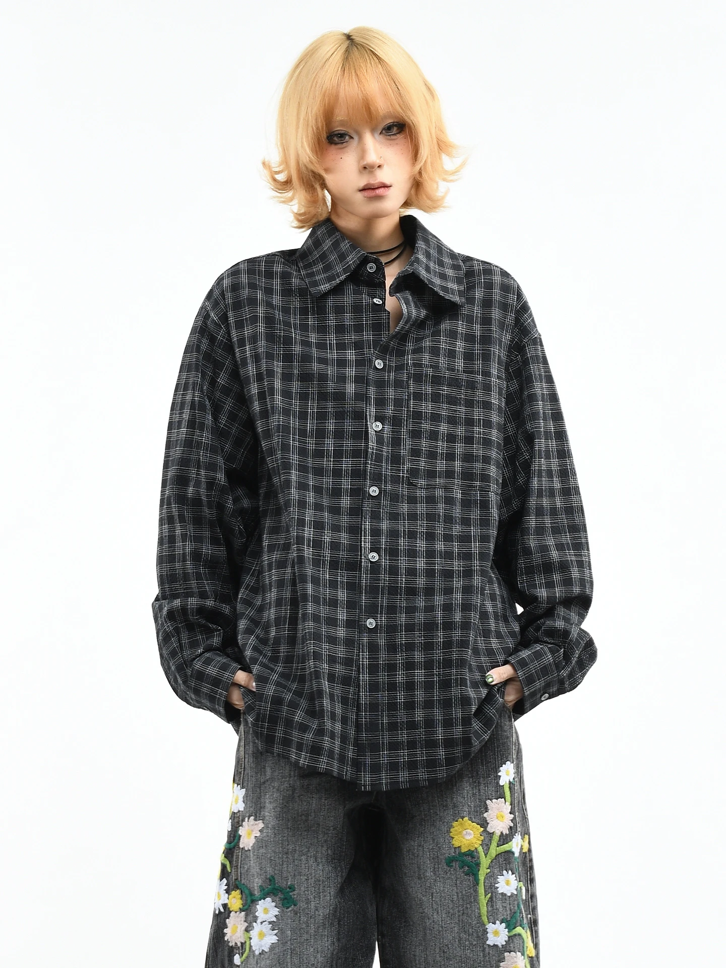 

OV Original American Retro Bla Plaid Long Sve irt Loose Casual Women's Faion Spring High-End Feeling Versatile irt