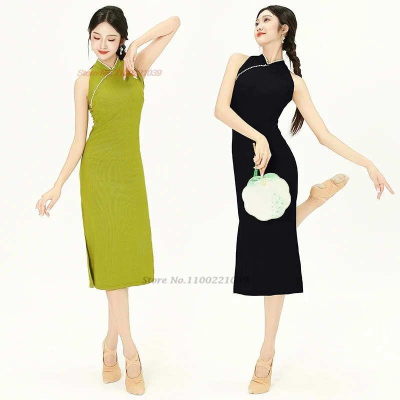 

2025 chinese vintage dance costume traditional sleeveless qipao dress training practice stage performance cheongsam dress qipao