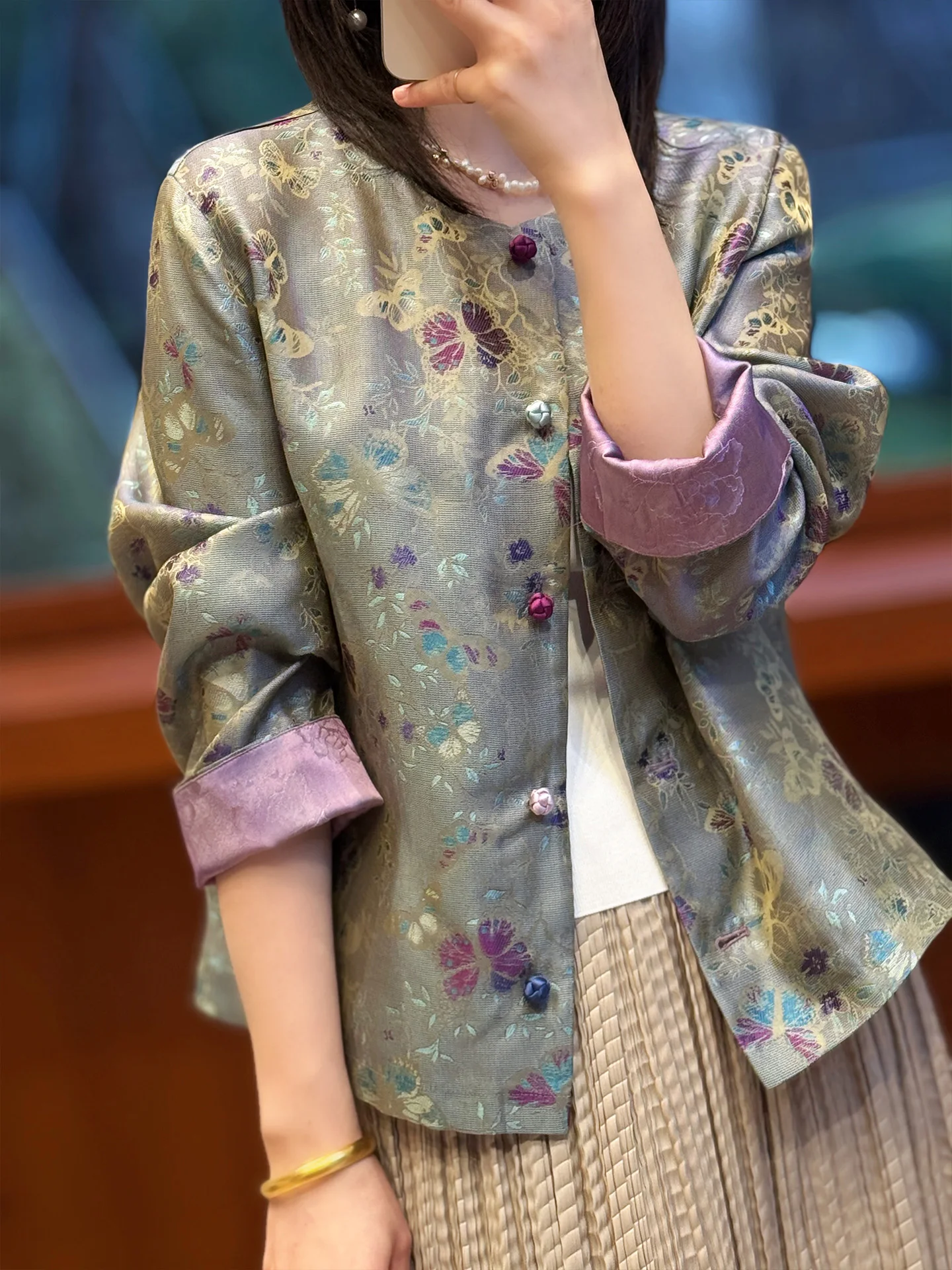 

Petite Fleur Embroidery New Chinese Retro High-End Silk Open Cardigan Original Design Straight Cut Long Sl...