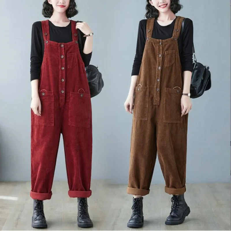 

#2359 Vintage Corduroy Jumpsuits Women Loose Single Breasted Long Jumpsuit Female Pockets Loose Vintage Overalls Autumn Winter