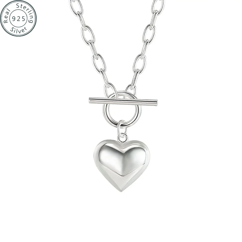 

925Sterling Silver Cute Simple Heart Pendant Necklace Trendy Elegant Short Clavicle Chain Jewelry for Women
