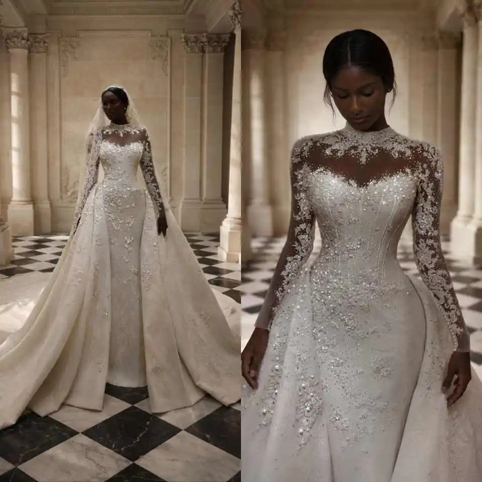 

Dreamy Beaded Mermaid Bridal Gowns Long Sleeve Detachable Train Wedding Dresses Crystals Customized Long Dresses For Bride