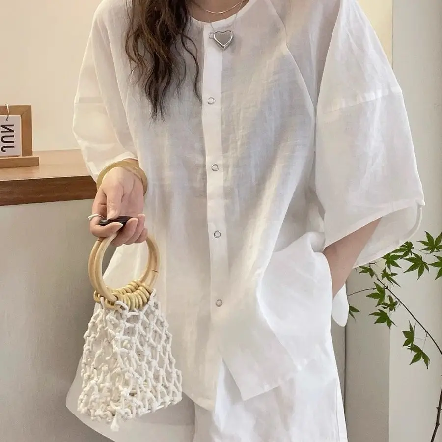 

Women Cotton Linen Long Blouse Summer Short Sleeve Solid Button Blouse Casual Shirt Vintage Oversized M-3XL