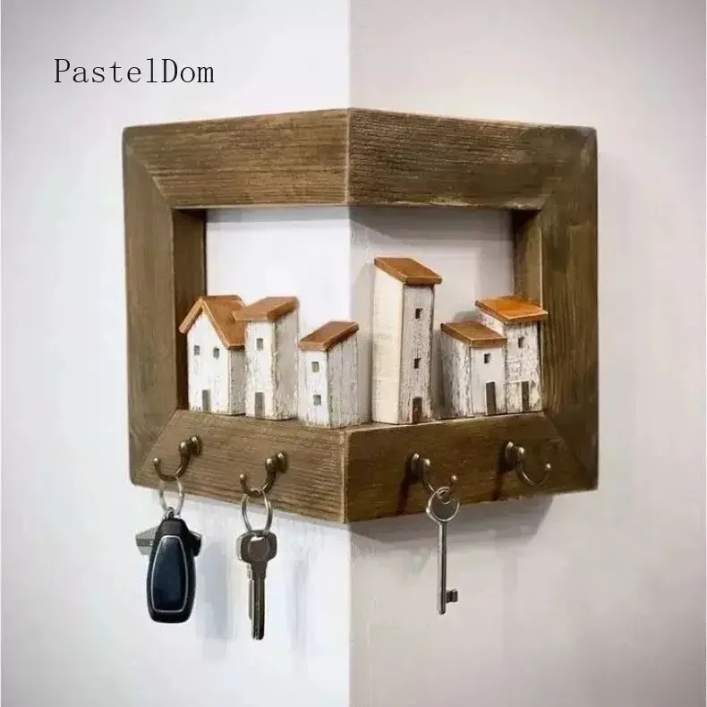 Wall Mounted Wooden Key Hanger for Home Corner, Simple Entry & Bedroom Hook Rack, Keychain Storage Shelf