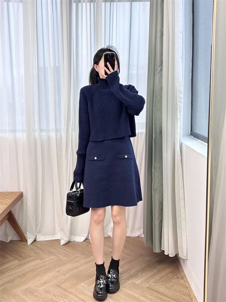 2 piece sets women outfit Deep Blue Two piece Simple Short Knitted Dress Knitted Shirt Elegant M Home 2024 Autumn New Collection