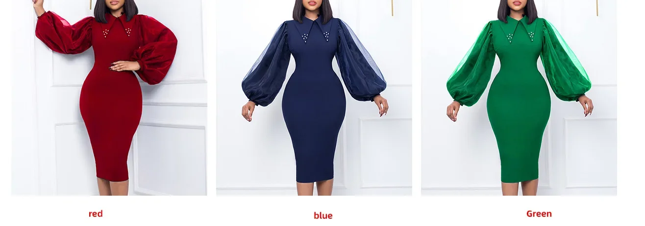African Dresses for Women Spring African Women Long Sleeve Red Green Dark Blue Polyester Knee-length Dress African Clothes