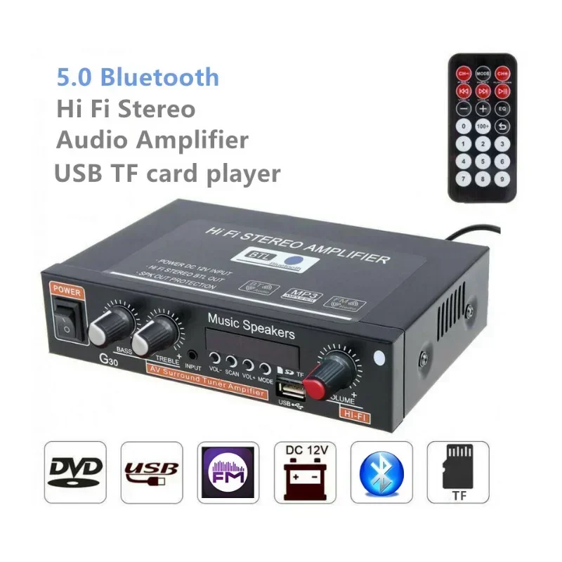 DC 12V G30 HIFI Bluetooth Car Audio Power Amplifier 2 Channel Radio Player Support SD / USB / DVD / MP3 with Remote Controller