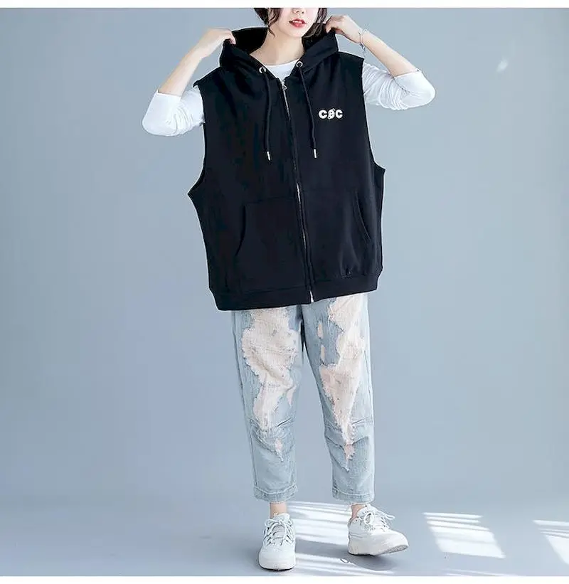 Oversized Hooded Waistcoat Women Casual Loose Vest Coat Fashion Sleeveless Zip Up Hoodie Spring Autumn Trend Print Pocket Vests