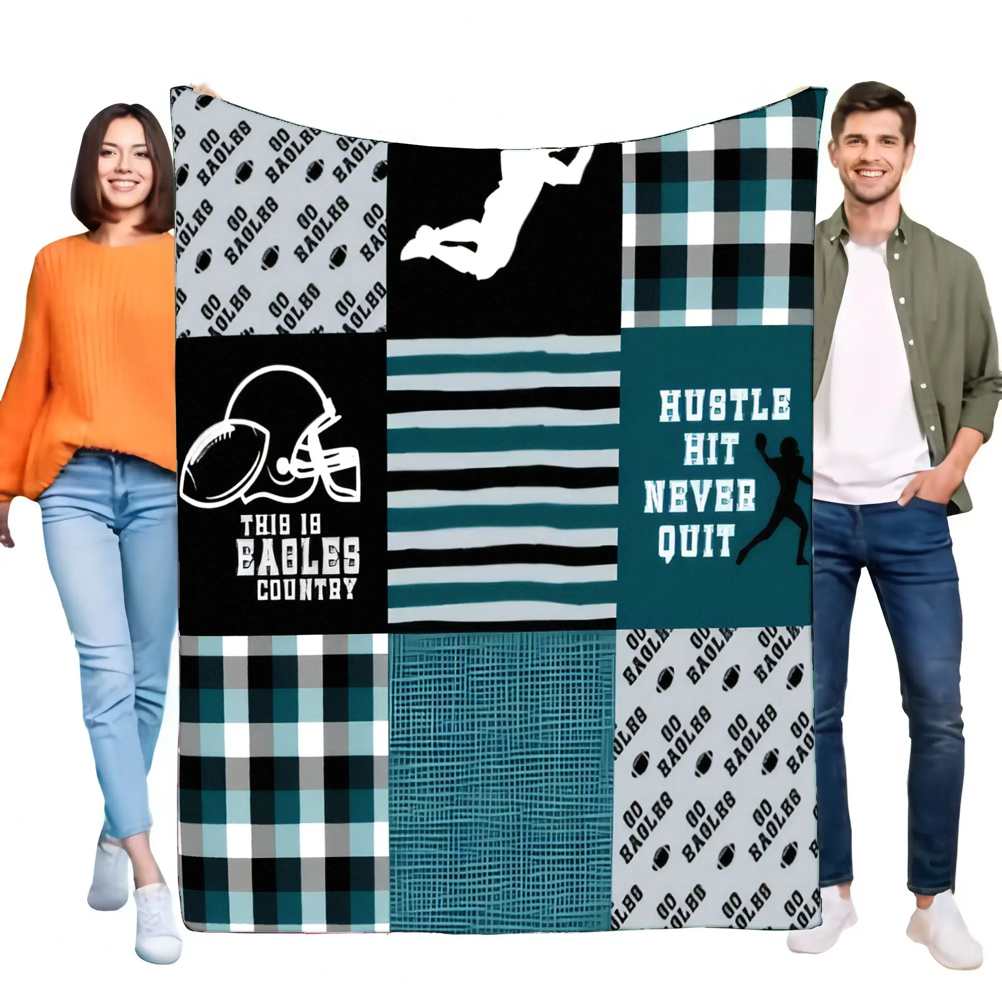 Manta de Philadelphia Eagles, suave y acogedora | NFL Fanático de fútbol Patchwork HUSTLE HIT NEVER QUIT Decoración para cama Sofá Regalo