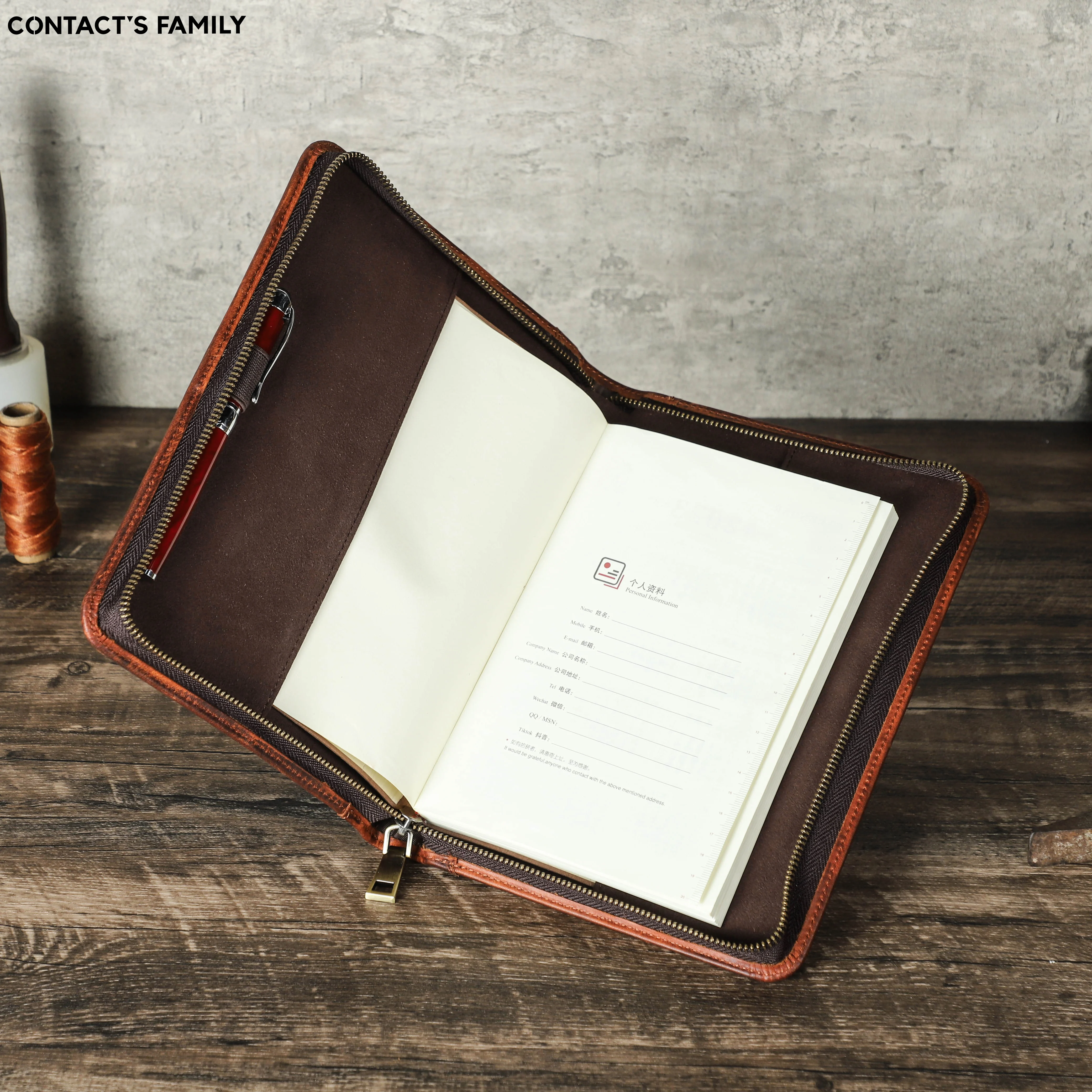 Luxury Retro Handmade Cowhide Leather Notebook A5 Case with zipper Pen Holder Phone Bag Journal Office Diary Travel Portfolio