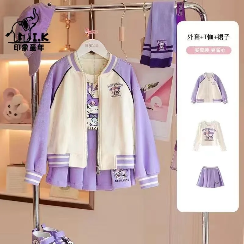 Sanrio neue Mädchen Mantel T-Shirt Falten rock Set Kuromi Cartoon Frühling und Sommer Sweatshirt Mantel Rock Hose zweiteiliges Set