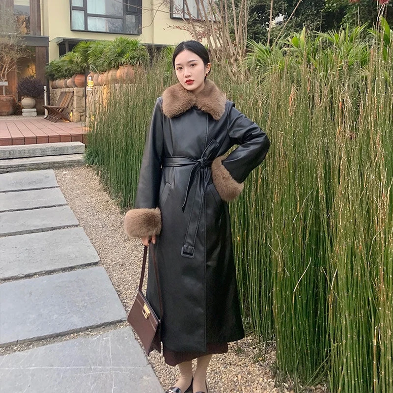 2022 New Autumn And Winter Fashion Retro Breezepelt Coat Women\'s Middle And Long Senior Waist Slimming Warm Leather Overcoat