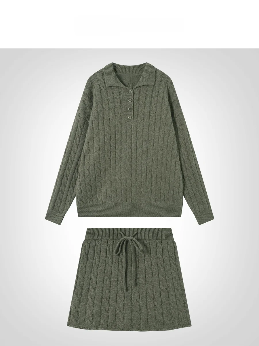 

Зимний вязаный комплект IAMCPLUS для женщин: свитер и юбка с узором «косичка», приталенный крой, длинный рукав, воротник-стойка