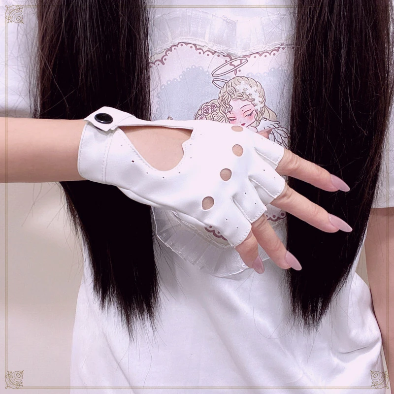 Hot Girls Street Fashion Hip-Hop Rock Love Hollow Out Rivets Black Leather Gloves Women Goth Lolita Motorcycle Fingerless Gloves