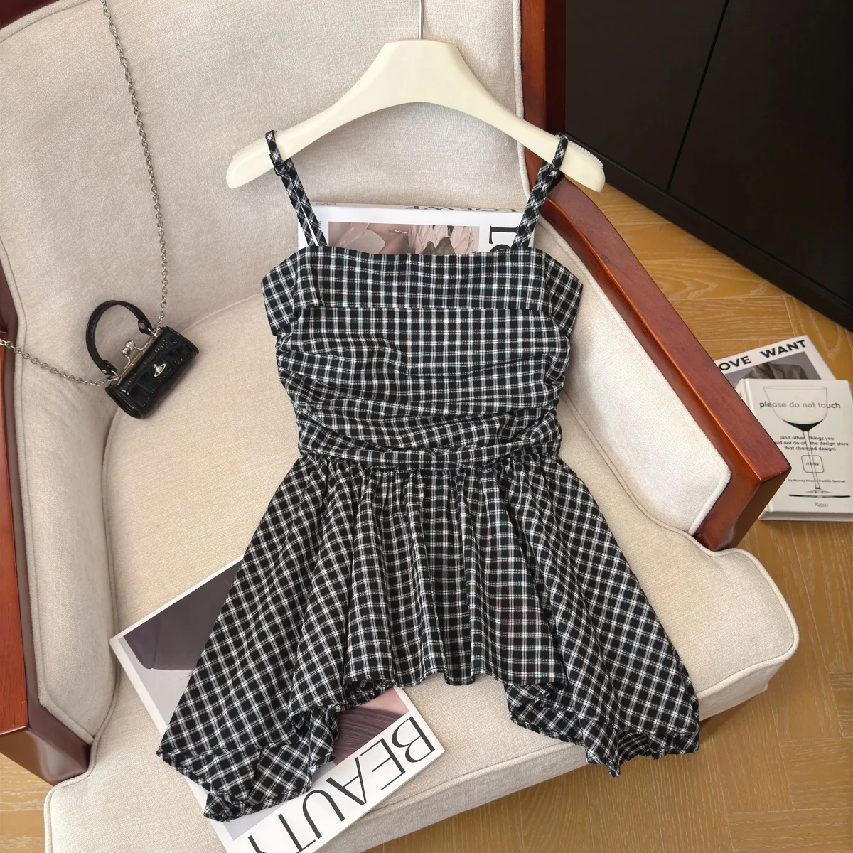 

Retro American Hong Kong Style Black Plaid Asymmetrical Strapless Vest Women's Summer Spicy Skirt Shirt Sleeveless Top