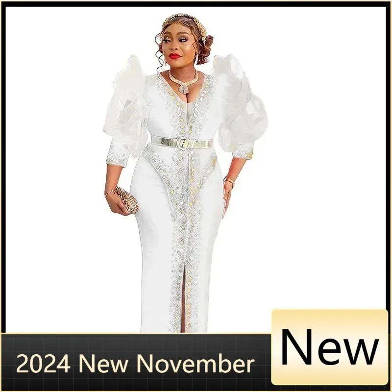 

Customized Plus Size African Party Evening Dresses for Women Elegant Autumn African Long Sleeve Diamond Wedding Christmas Dress