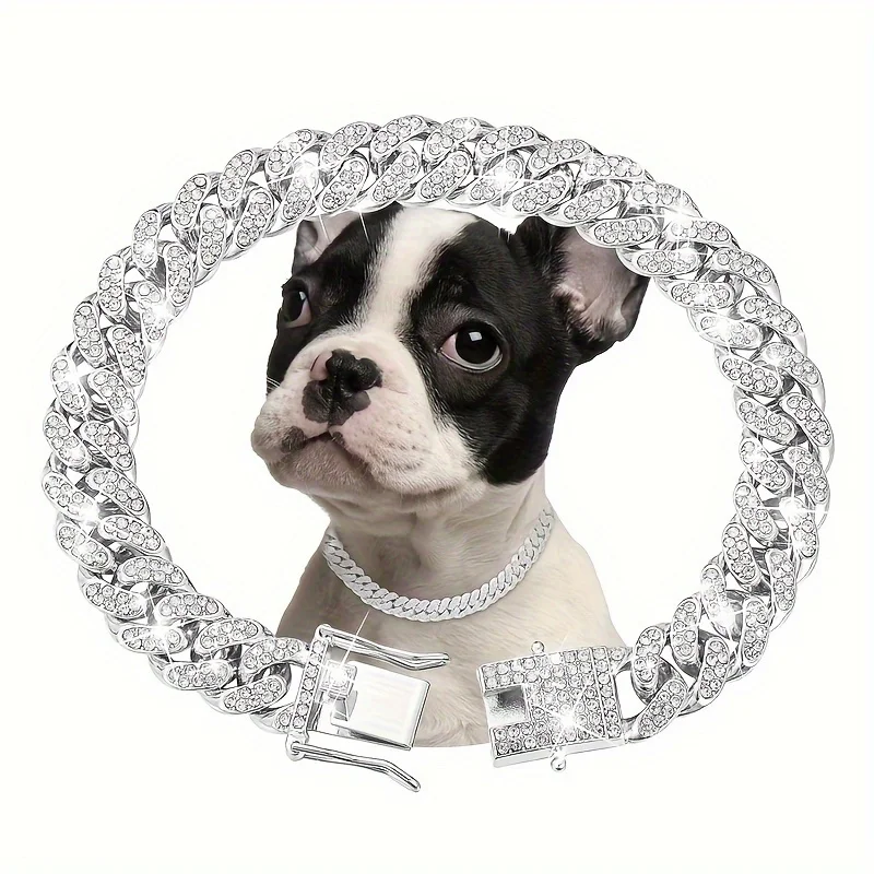 1pcs Dog Chain Collar Diamond Cuban Chain Dog Collar Wide Dog Necklace Metal Cat Chain Pet Crystal Collar Jewelry