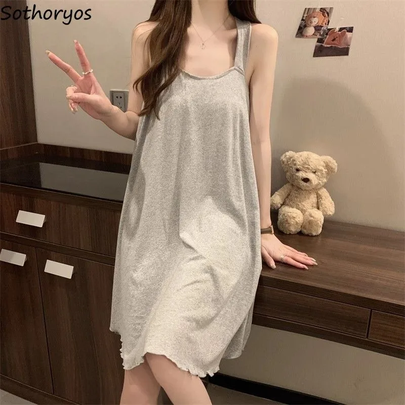 Simple Nightgowns Women Summer Comfortable Sexy Sleepwear Korean Fashion Casual Loungewear Sleeveless Nightdress Female Cozy