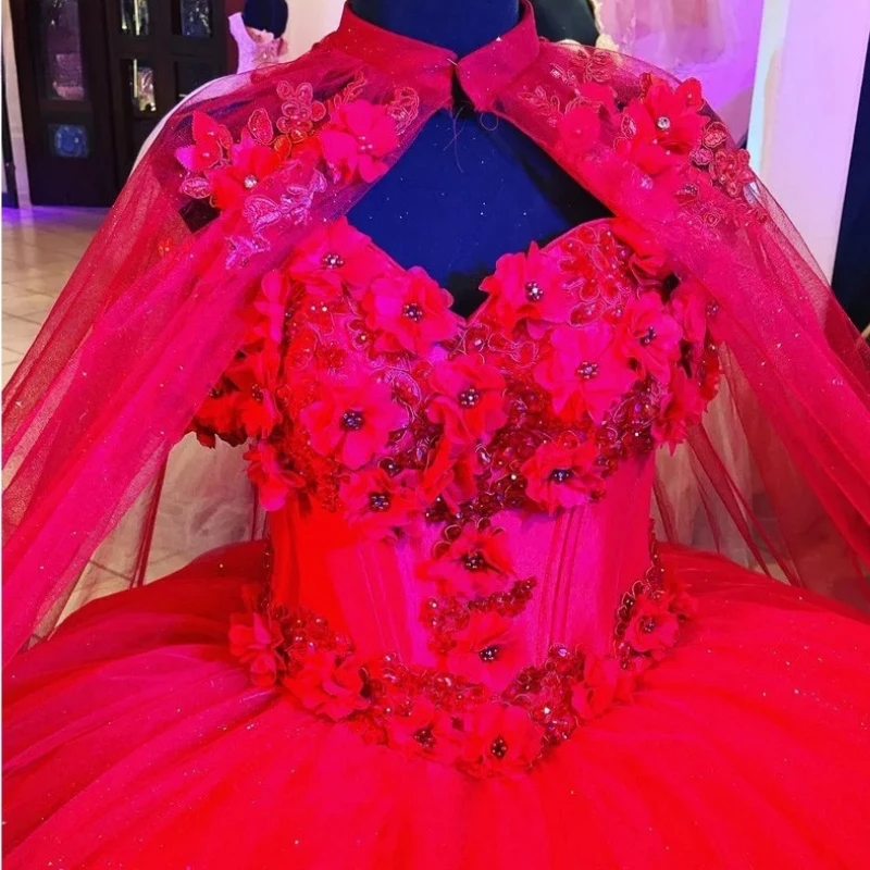 Real Picture Red Princess Quinceanera Dresses With Caple Off Shoulder Floral Lace Up Sweet 15 16 Girls Party Prom Gown Vestidos