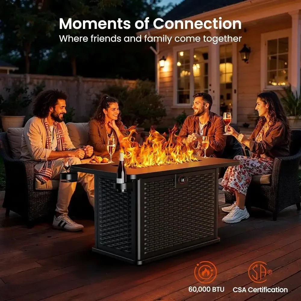 43 Outdoor Propane Fire Pit Table with 60,000 BTU Burner, Lava Rocks, Waterproof Cover, Removable Lid, Cup Holders, Versatile fo