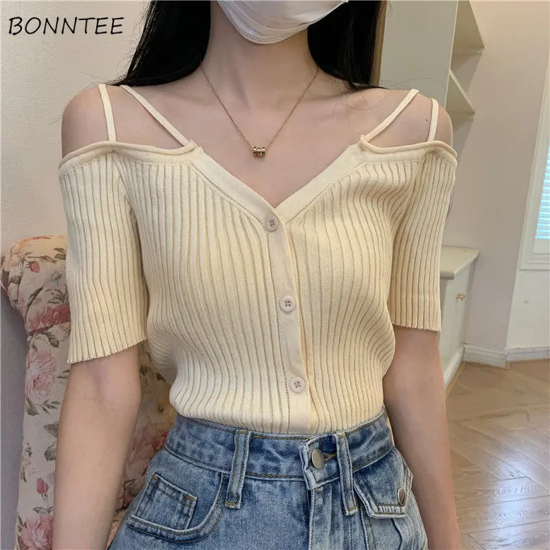 Knitting T-shirts Women Off-shoulder Short Sleeve Design Crop Tops Sexy Sweet Y2K Aesthetic Club Vacation Visual Ins Chic Gentle